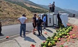 Gaziantep’te virajı alamayan karpuz yüklü kamyonet yan yattı