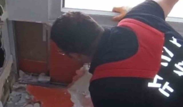 Havalandırma boşluğuna düşen kedi duvar kırılarak kurtarıldı