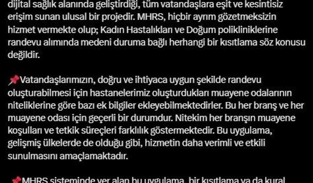 Sağlık Bakanlığı’ndan 25 yaşından küçük bekar kadınların jinekoloji randevusu alınmadığı iddiasına ilişkin açıklama