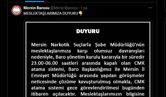 Mersin Barosu, CMK atama sistemini yeniden açtığını duyurdu