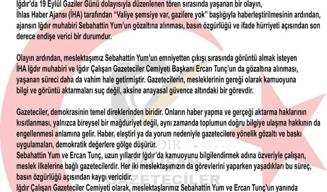 Iğdır Çalışan Gazeteciler Cemiyeti’nden iki gazetecinin gözaltına alınmasına tepki