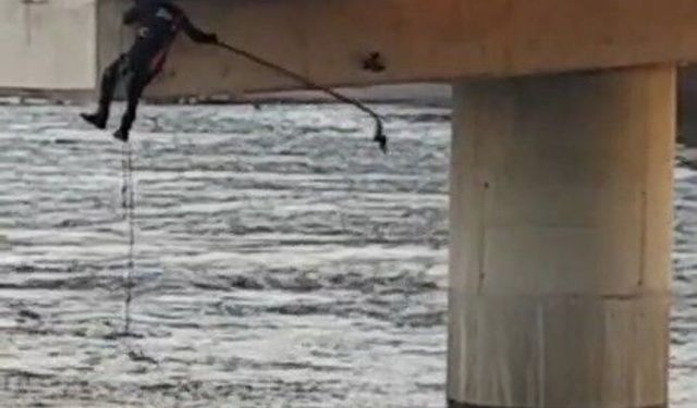 Asılı kalan güvercini halatla inip kurtardılar