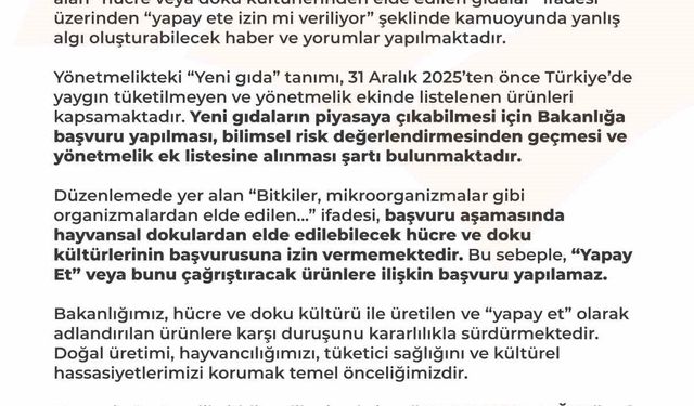 Tarım ve Orman Bakanlığı: 'Türkiye sınırları içinde yapay et üretimi ve tüketimi söz konusu değildir'