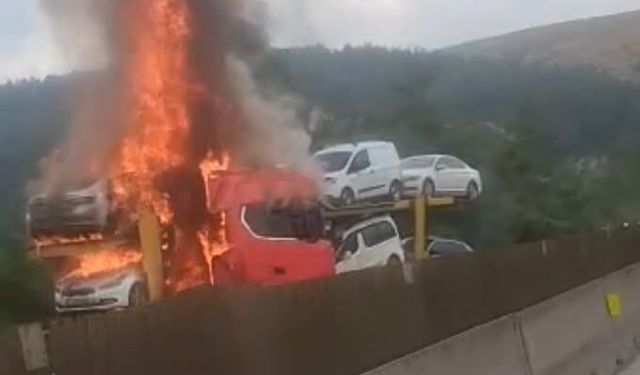 Otoyolda otomobil taşıyan tırda yangın