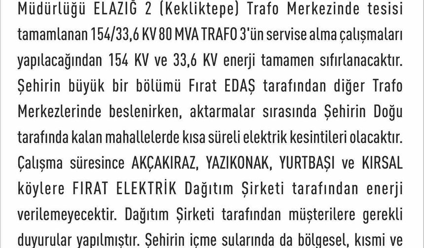 Elazığ’da elektrik kesintisi yaşanacak