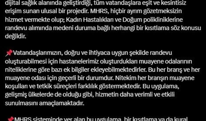 Sağlık Bakanlığı’ndan 25 yaşından küçük bekar kadınların jinekoloji randevusu alınmadığı iddiasına ilişkin açıklama